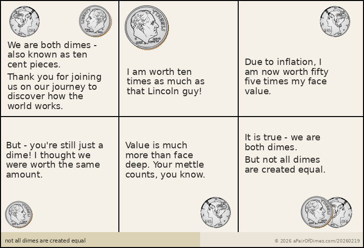 A Pair of Dimes comic strip: "not all dimes are created equal"
Panel 1: FDR: "We are both dimes - also known as ten cent pieces." / Mercury: "Thank you for joining us on our journey to discover how the world works."
Panel 2: FDR: "I am worth ten times as much as that Lincoln guy!"
Panel 3: Mercury: "Due to inflation, I am now worth fifty five times my face value."
Panel 4: FDR: "But - you're still just a dime! I thought we were worth the same amount."
Panel 5: Mercury: "Value is much more than face deep. Your mettle counts, you know."
Panel 6: FDR: "It is true - we are both dimes." / Mercury: "But not all dimes are created equal."
